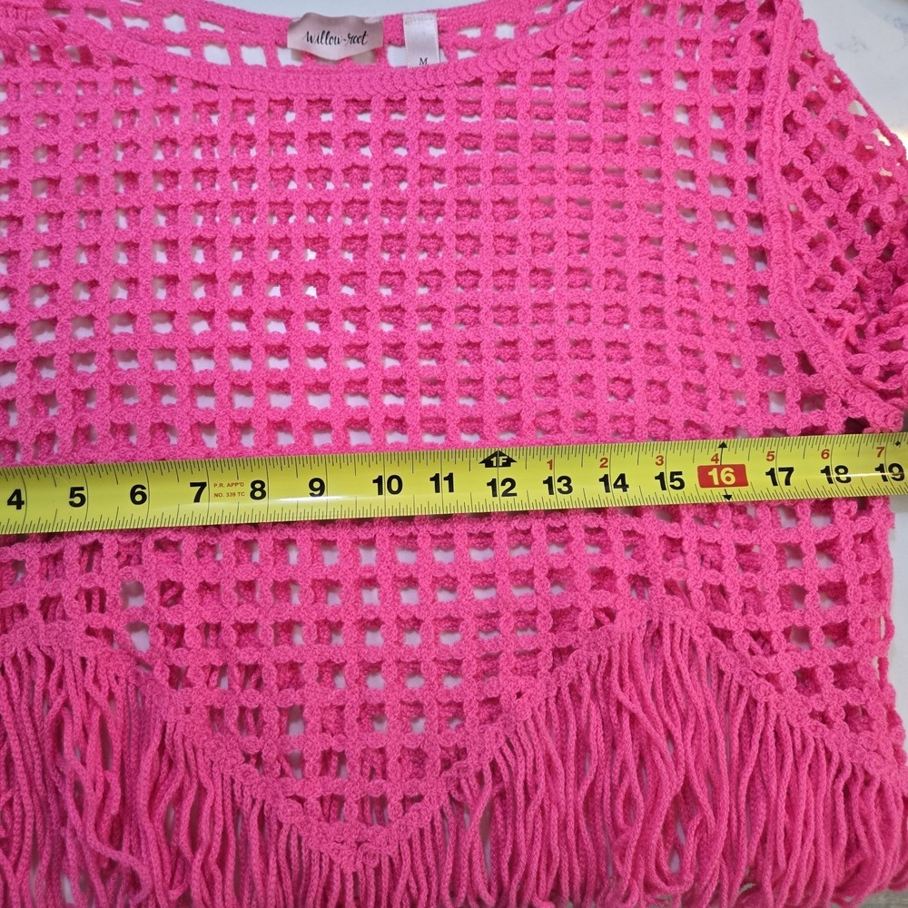 Pink Crochet Fringe Sweater Womens M Boho Festival Coachella Beach Cover Up Top - Picture 4 of 7